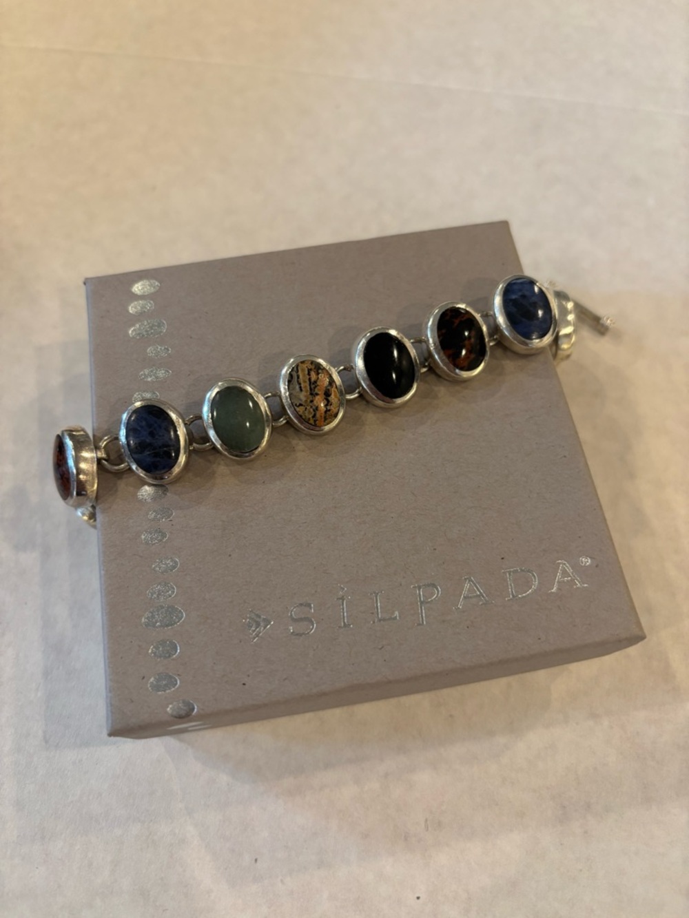 RARE Vintage Silpada Sterling Silver Multi-Stone Oval Link Toggle Bracelet B0428